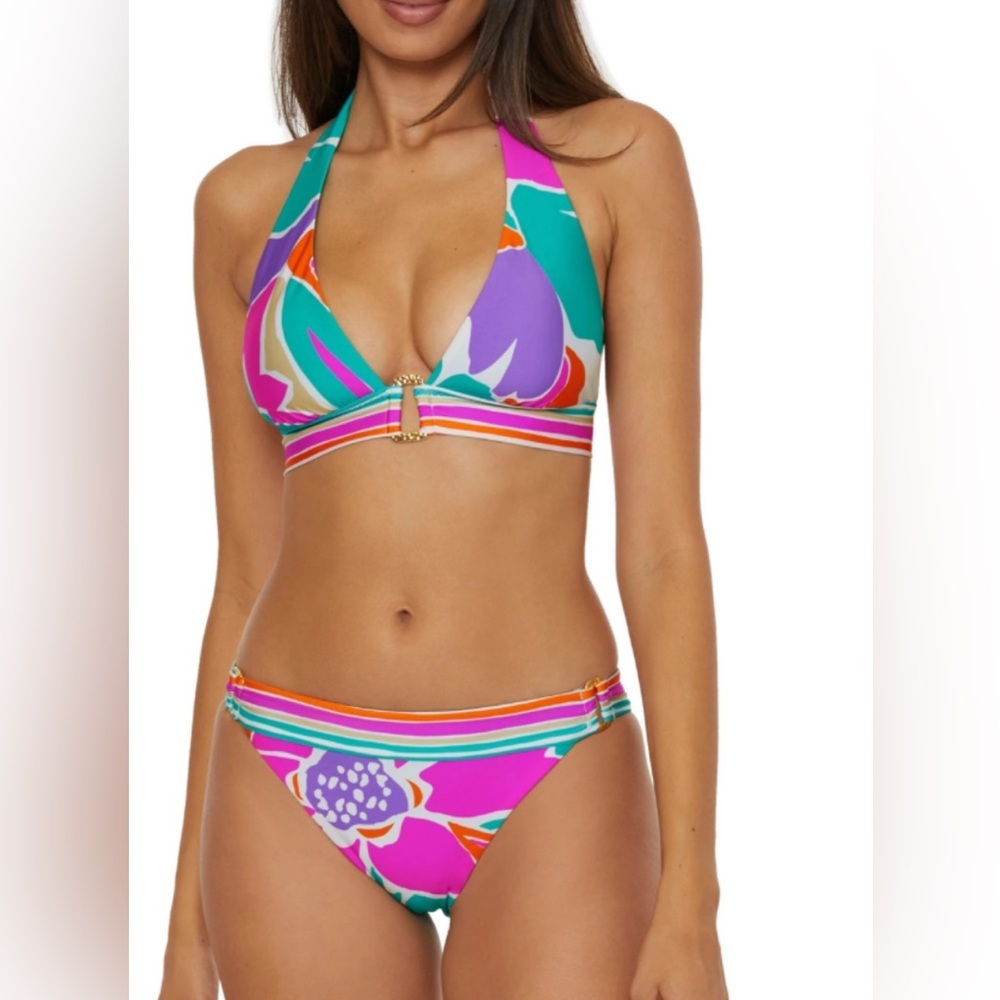 NWT Trina Turk Pink Teal Purple Floral Halter Bikini Set Amalfi Size 4
